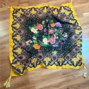 Johnny Was Black Floral Paisley Silk Scarf with Yellow Trim